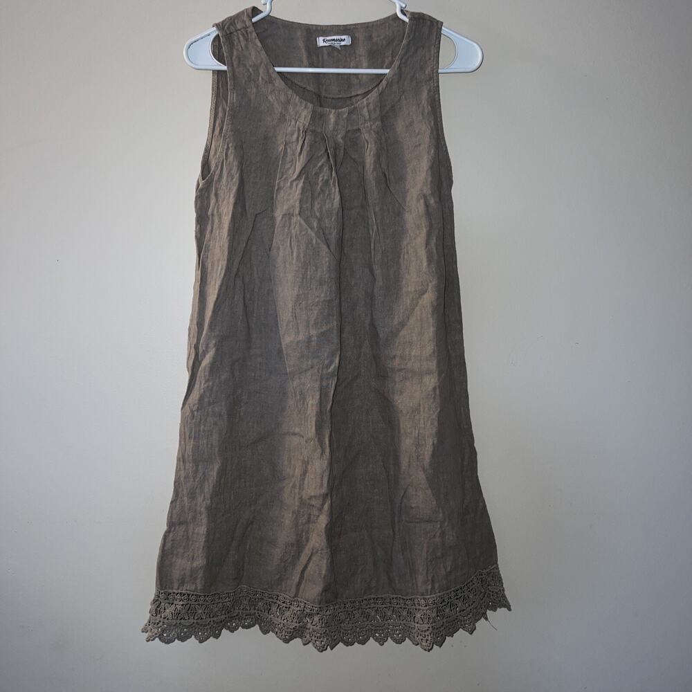 Rosemarine Tan Brown Linen Dress Womens XS Shift Lagenlook Crochet Detail